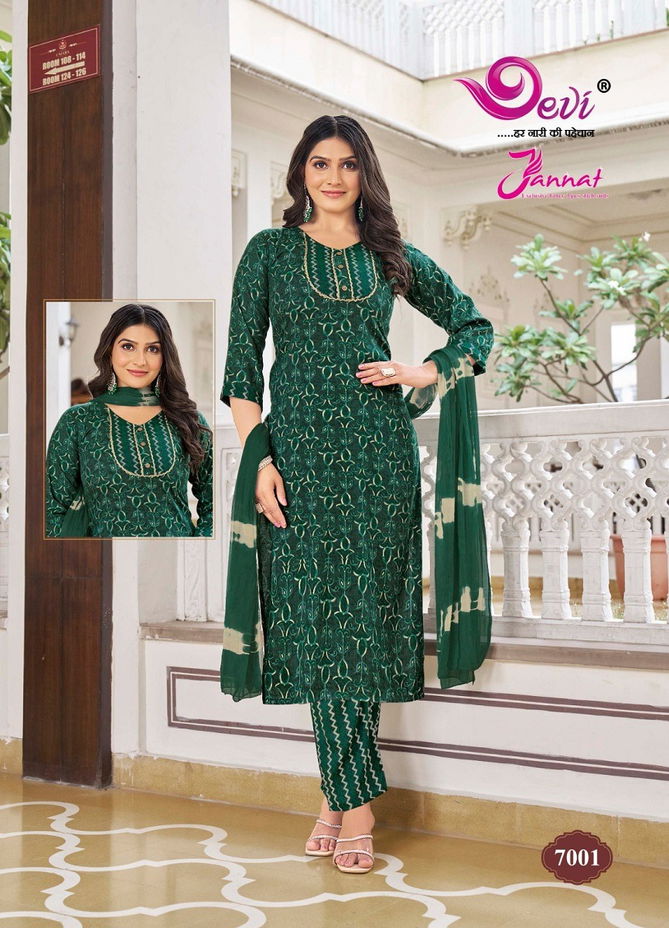 Jannat Vol 7 By Devi Rayon Printed Kurti With Bottom Dupatta Wholesale Shop In Surat